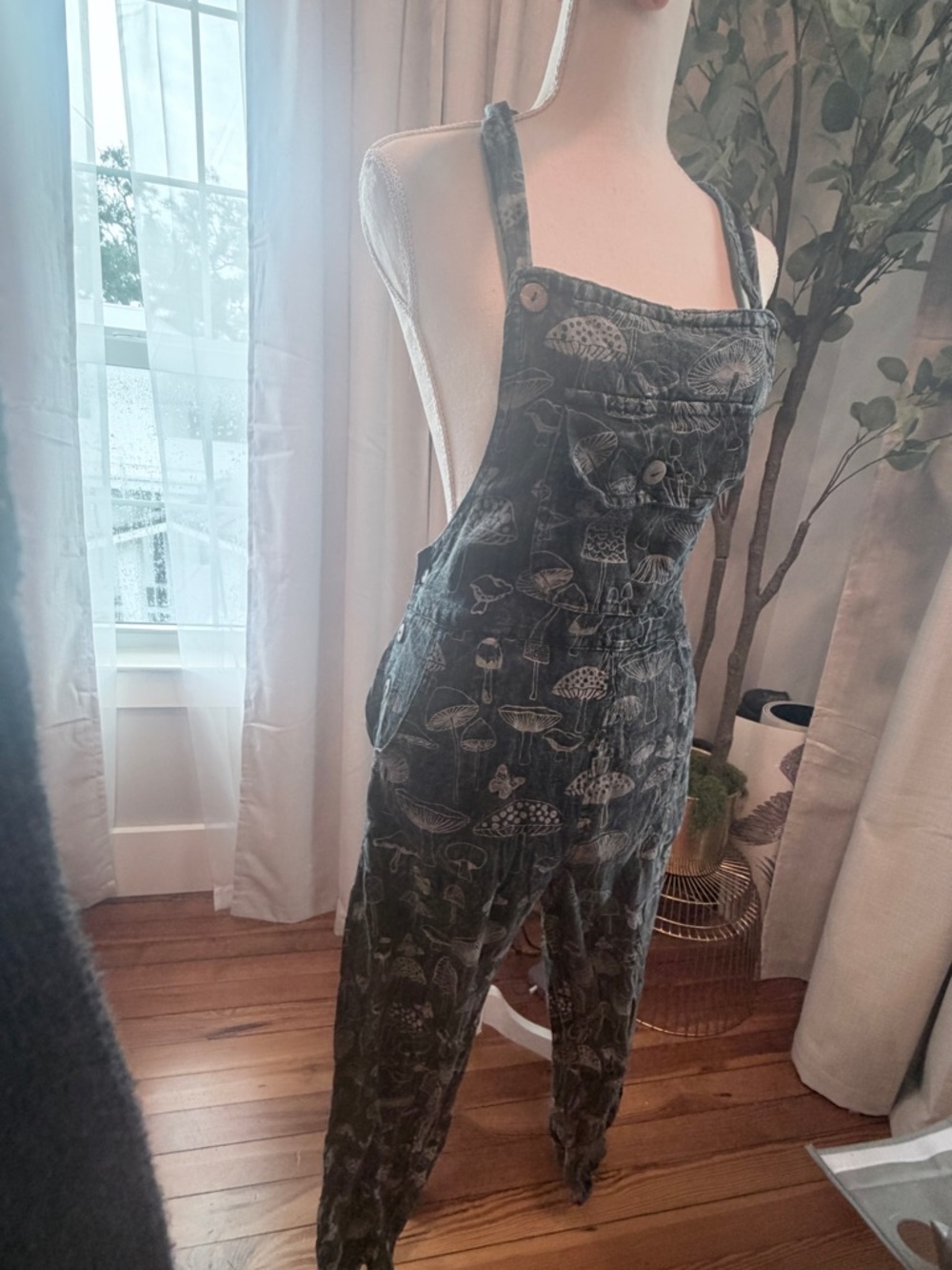 Mushroom Print Washed Black Overalls